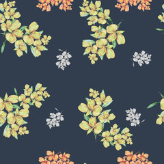 watercolor illustration seamless pattern alstroemeria flowers in a bouquet on a dark blue background,for wallpaper or fabric