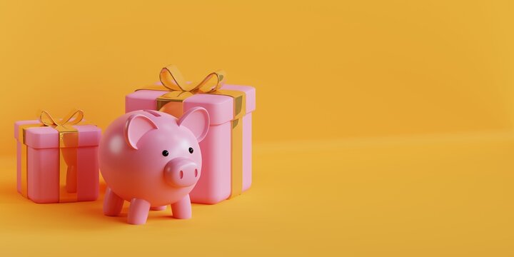 Concept &eacute;conomie de Noel avec cadeaux de Noel sur fond jaune . Illustration 3d