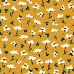 Fashionable seamless vector floral pattern. Seamless print of small white flowers and green leaves. Summer and spring motifs. Yellow gold background. Stock vector illustration.