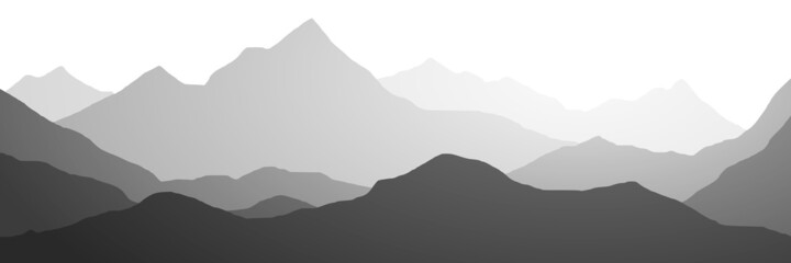 Fototapeta na wymiar Mountain ranges in the morning haze, black and white landscape, banner 