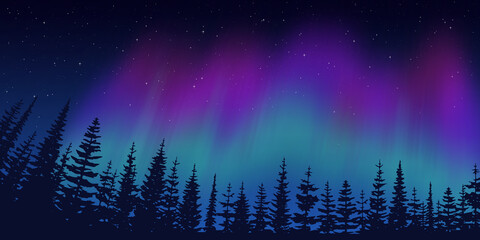 Contour of trees against the background of aurora borealis, winter holiday illustration - obrazy, fototapety, plakaty