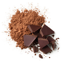 Heap of cocoa powder and chocolate pieces isolated on white background