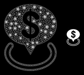 Glossy polygonal mesh net dollar placement icon with glow effect on a black background. Wire frame dollar placement iconic vector with glitter dots in bright colors.