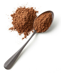 Heap and spoon of cocoa powder