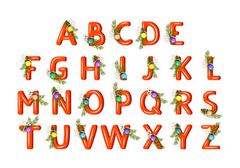 Alphabet made of red letters with green Christmas tree branch, ball and bow. Festive font, symbol of Happy New Year and Christmas, sign and figure of different shapes