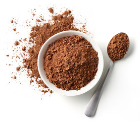 Bowl and spoon of cocoa powder isolated on white background