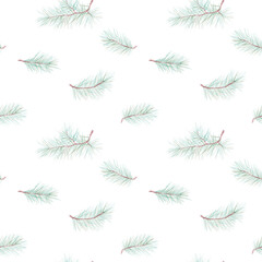 Watercolor illustration. Christmas seamless pattern with pine branches
