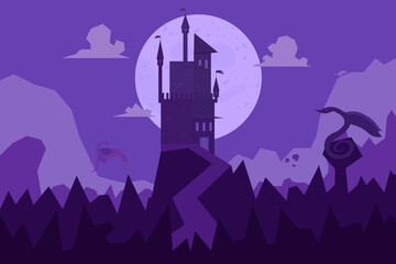 Purple illustration with dark castle and flying dragons, big moon, snakes