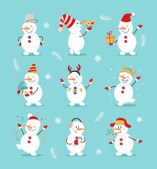 Winter set of cute snowmen. Cheerful snowmen in different costumes. Gift, bird, dance, fun, decoration of a tree branch. Vector flat illustration in cartoon style