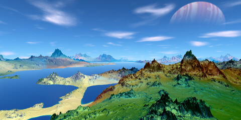 Alien Planet. Mountain and lake. 3D rendering