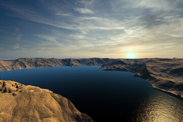 Alien Planet. Mountain and lake. 3D rendering
