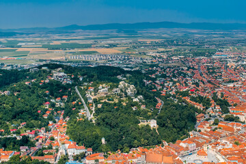 city Brasov aerial view from the mountains, romania
