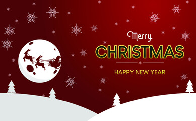 Christmas and New Year backgrounds. Red background, siluet moon and santa with reindeer carriage. Christmas snowy winter design. Falling white snowflakes, background landscape. Cold weather effect