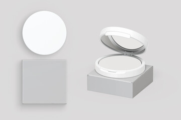 Realistic face powder compact mockup with box packaging. Open puff-box with mirror, top and side view. Isolated background, perfect for cosmetic branding, makeup design, and product presentation.