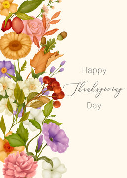 Happy Thanksgiving Day. Card with floral watercolor frame