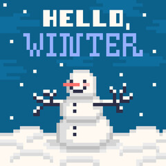 Hello winter, pixel art snowman in a park at night. New Year, Christmas holiday mascot. 8 bit season greeting card. Calendar print scene. Vintage retro 80s, 90s 2d video game, slot machine graphics