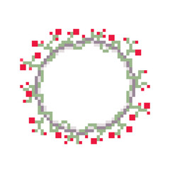Pixel art round botanical ornament frame with text space isolated on white background. 8 bit circle border. Natural decorative wreath. Abstract climbing plant garland with red berries and swirls.