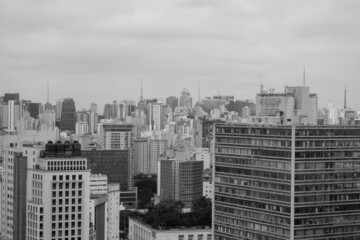 Fototapeta na wymiar Sao Paulo cityscape, panoramic aerial view. Skyscrapers of big metropolis. Old filter