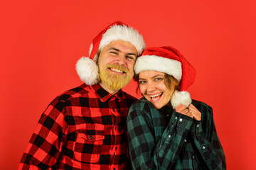 Family shopping. Couple goals. Winter entertainment. Santa Claus style. Having fun. Christmas time. Man and woman christmas holiday celebration. Christmas party. Couple in love cuddling. Good mood