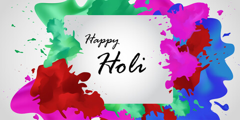 Happy holi banner isolated on gray background. Hand drawn splash for web site, greeting card, poster, placard and wallpaper. Creative art concept, vector illustration