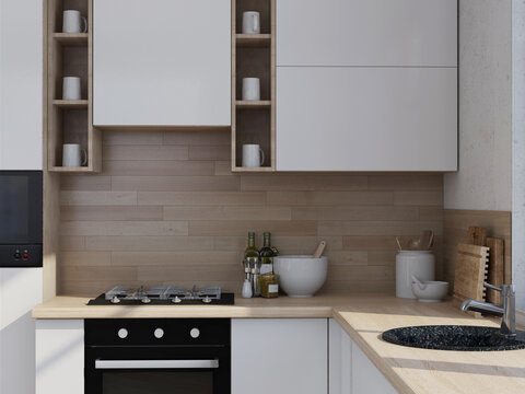 Modern wooden white kitchen in the interior