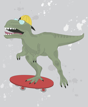 Dinosaur skateboarding isolated on gray background. Trendy hand drawn dinosaur for label, t shirt and print template. Creative kids painting art concept, vector illustration