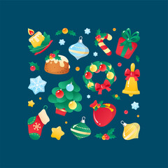Square winter holiday background. Christmas and New Year set of cute design elements in square shape on a dark backdrop. Can be used for a greeting card, an invitation or a banner. 