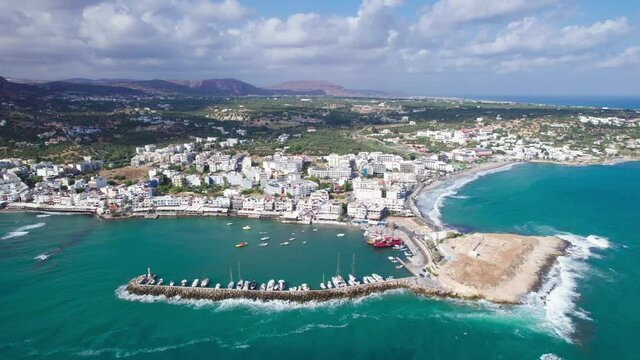 Aerial view. Crete island in Greece is a very tourist destination. Hersonissos town on the Mediterranean coast.