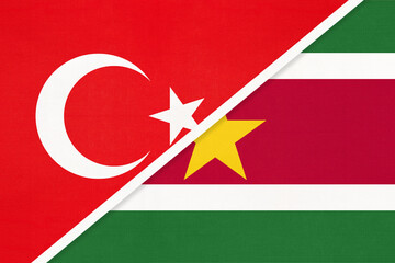 Turkey and Suriname, symbol of country. Turkish vs Surinamese national flag