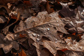 Close-up of dried brown oak leaves on the ground covered covered with dew drops