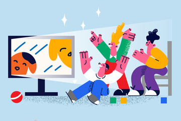 Happy children watch TV at home together 