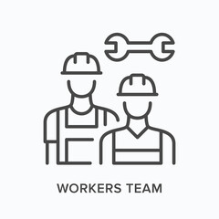Workers team flat line icon. Vector outline illustration of two engineers and wrench. Black thin linear pictogram for professional