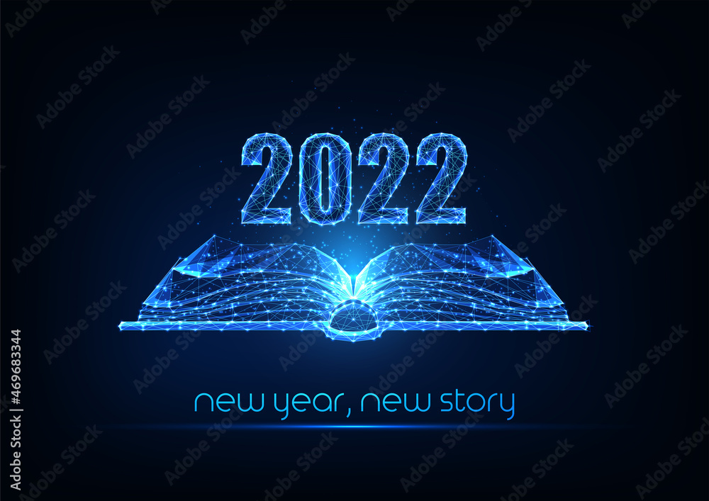 Wall mural Abstract 2022 Happy New Year concept banner with open book in futuristic glowing polygonal style - Wall murals