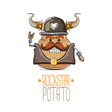 vector rock star potato funny cartoon cute character with viking helmet, leather jacket, sunglasses and moustache isolated on white background. rock n roll hipster vegetable funky character
