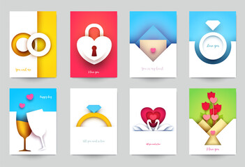 Collection templates cover for wedding. Set abstract art composition in modern geometric papercut style. Minialistic concept design for banner, flyer, invitation, greeting card. Vector illustration.