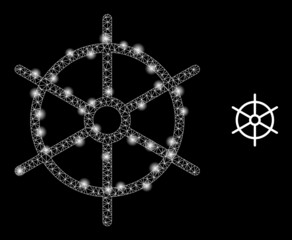 Glossy polygonal mesh web ship rule wheel icon with glare effect on a black background. Wire frame ship rule wheel iconic vector with flash spheres in stardust colors.