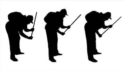 Three women stand in one line. Female silhouette with a backpack, a cap, in sportswear, a stick. Camping in the woods. Hiking. Side view. Black female silhouette on a white background. Self-defense.