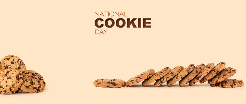 Cookie Day Banner with Lots of Freshly Baked Crunchy Homemade Chocolate Cookies on a Creamy Color background