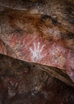 Closeup shot of prehistoric rock art at the Cave of the Hands (Spanish: Cueva de Las Manos ) in Santa Cruz Province, Argentine Patagonia. The art in the cave dates from 13,000 to 9,000 years ago.	
