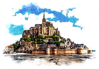 Picturesque view at the Mont Saint Michel. Le Mont Saint Michel island, one of the most visited historical sites in France. Sketch style illustration.