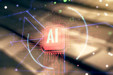 Double exposure of creative artificial Intelligence abbreviation hologram on shiny metal...