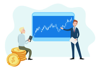 A professional businessman presenting the data. A trader analysing the stock market candle. Showing the positive stock market signal.  Stock market signals. Isolated vector.