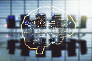 Virtual creative artificial Intelligence hologram with human brain sketch on a modern coworking...