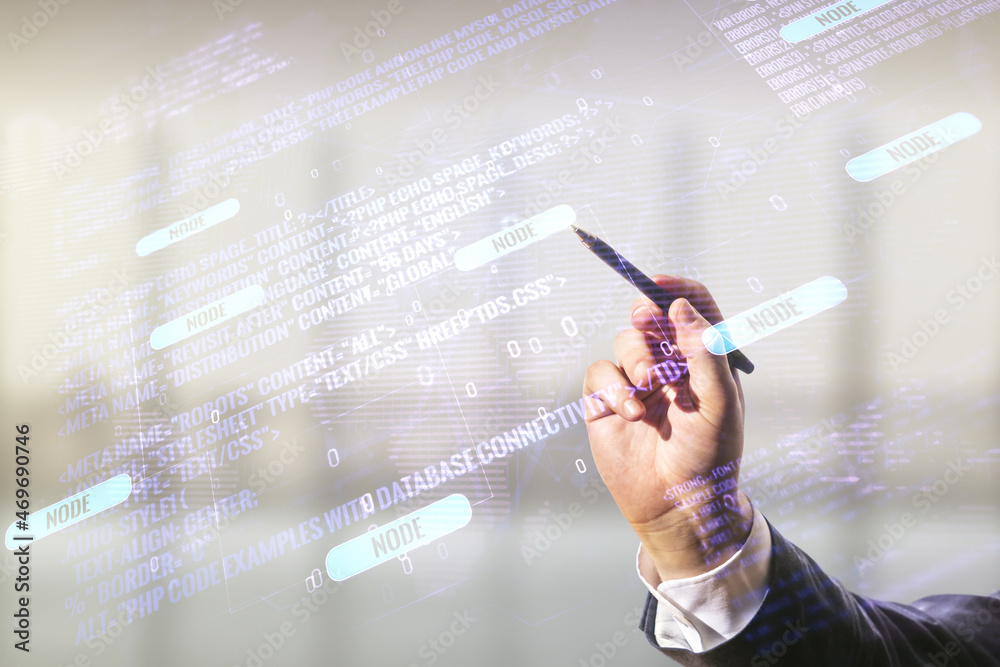 Poster man hand with pen working with abstract virtual coding concept and world map on blurred office backg