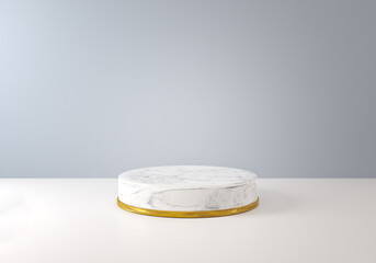 Marble podium with golden ring. Luxury pedestal showcase for products.  Platform made of white  marble. 3D rendering.