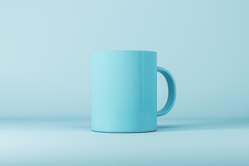 Empty blue mug or cup on light background with mock up place for your advertisement. 3D Rendering.