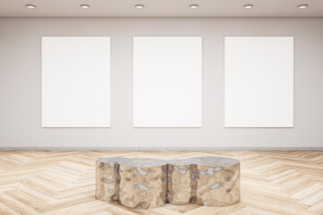 Modern exhibition hall interior with wooden flooring, shiny golden seat and empty mock up banner on concrete wall. Gallery concept. 3D Rendering.