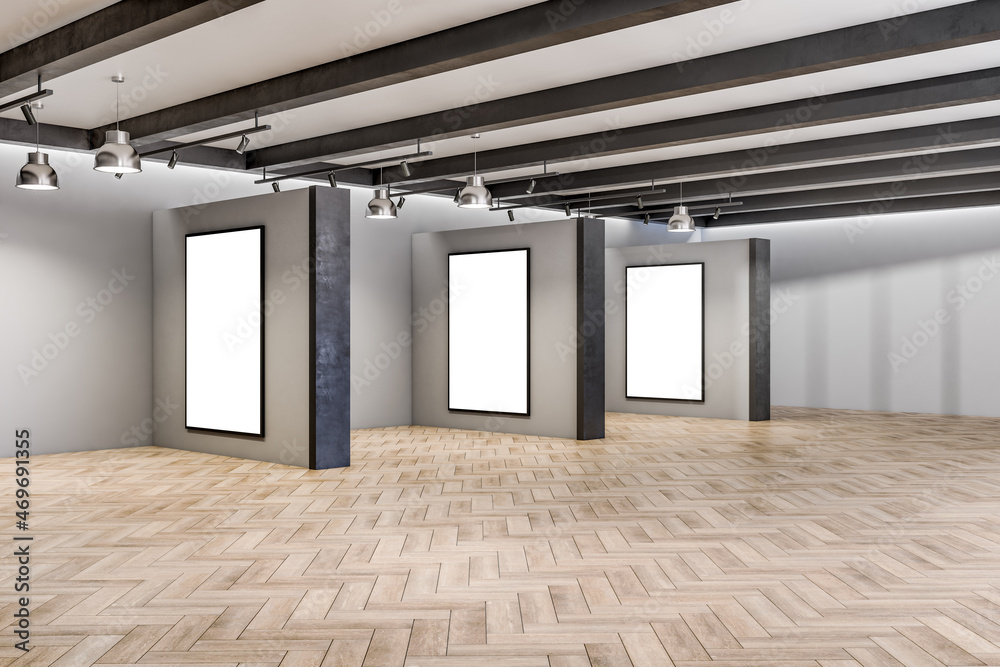 Poster modern concrete and wooden empty interior with columns and white mock up banners on wall. gallery an