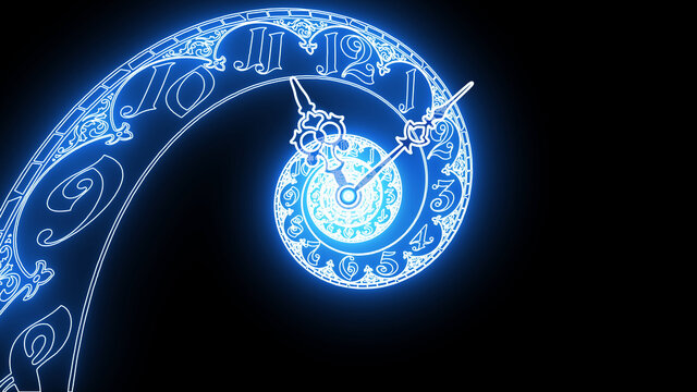 Classic neon spiral dial endlessly . It symbolizes the infinity of time. On black background. 3D render