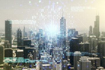 Abstract virtual code skull hologram on Chicago cityscape background, cybercrime and hacking...